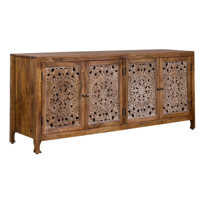 Marisol 74 Inch 4 Door Accent TV Stand in Weathered Honey and Soft Wash Gray