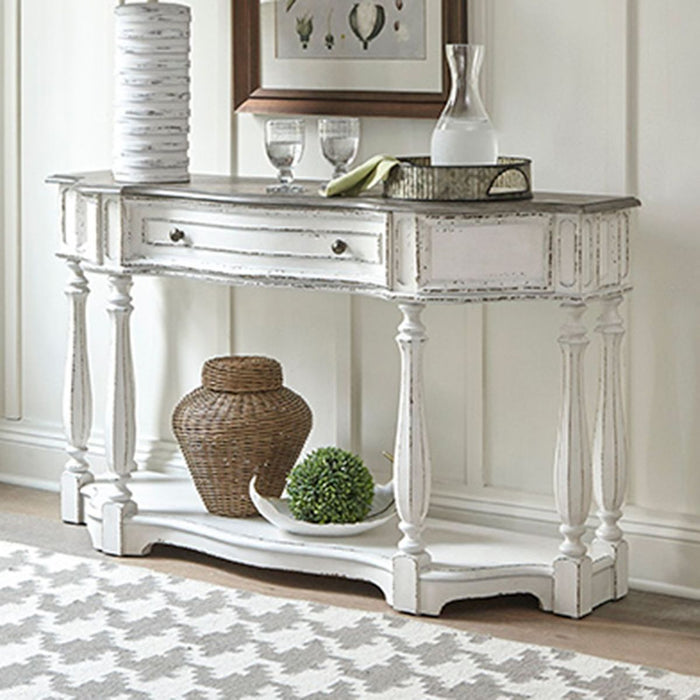 Liberty Furniture Magnolia Manor 56 Inch Hall Console Table in Antique White Base w/ Weathered Bark Tops