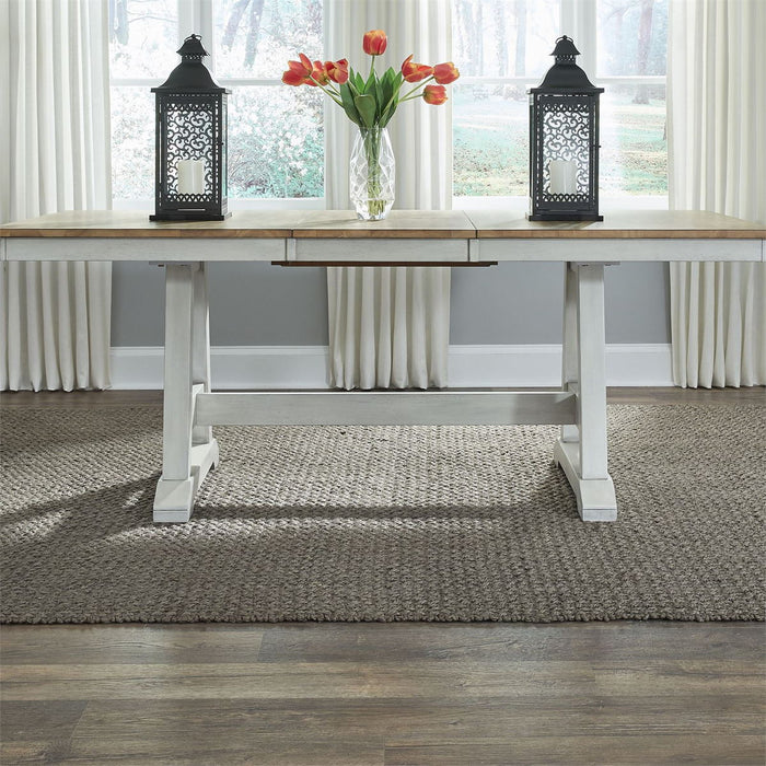 Liberty Furniture Lindsey Farm Trestle Dining Table in Weathered White & Sandstone