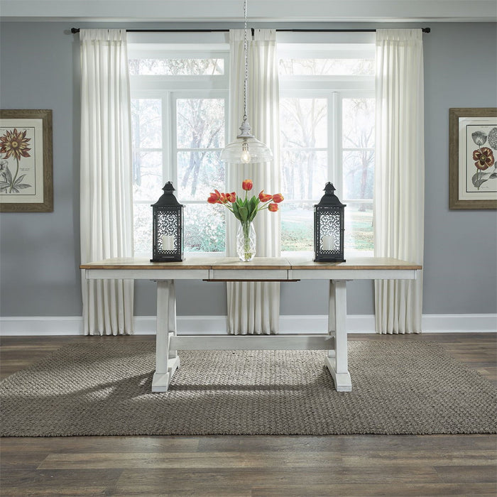 Liberty Furniture Lindsey Farm Trestle Dining Table in Weathered White & Sandstone