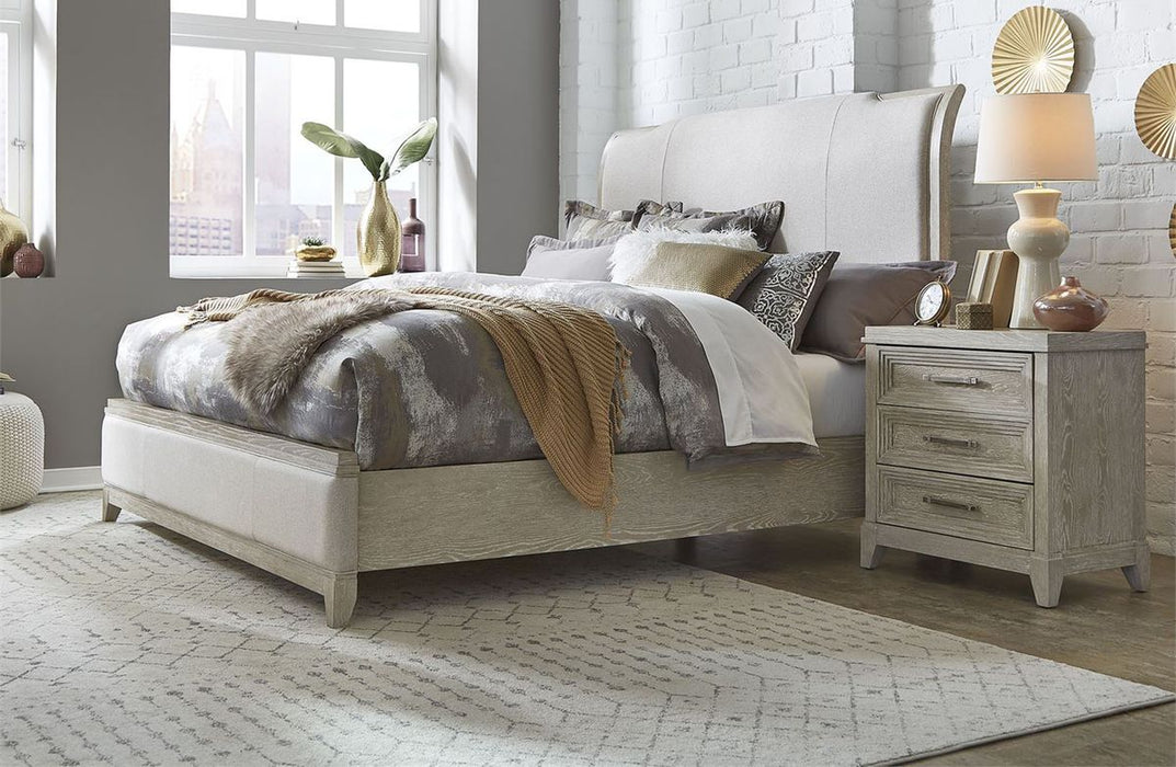 Liberty Furniture Belmar Cal King Upholstered Sleigh Bed in Washed Taupe and Silver Champagne 902-BR-KUB
