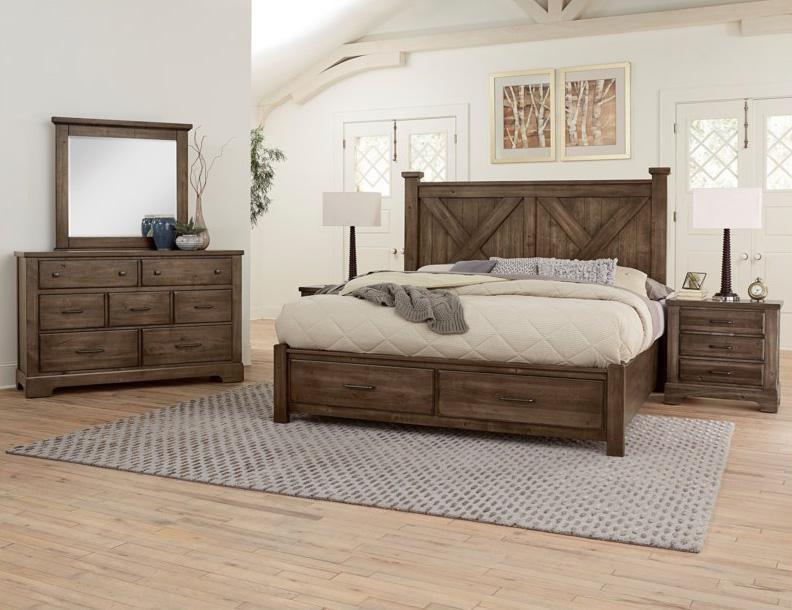 Vaughan-Bassett Cool Rustic Queen Barndoor X Headboard with Storage Footboard Bed in Mink